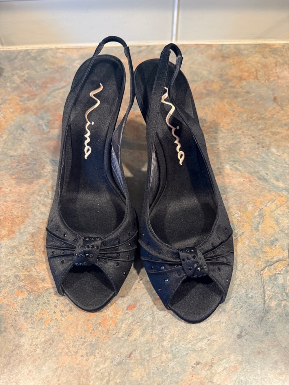 Nina Black Satin Peep-Toe Slingback Heels with Bow Womens Size 7.5 EUC